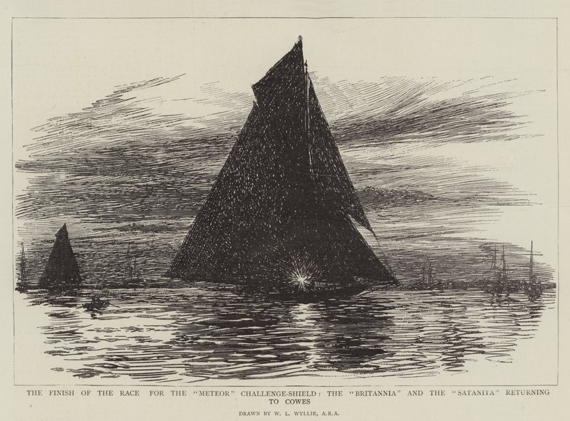Koniec wyścigu po Meteor Challenge-Shield, Britannia i Satanita wracają do Cowes autorstwa William Lionel Wyllie