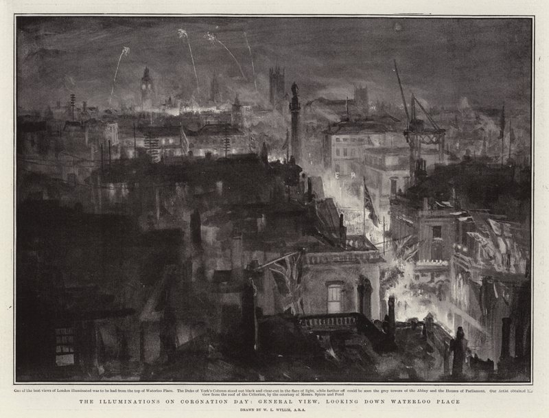 Iluminacje w dniu koronacji, widok ogólny, patrząc w dół Waterloo Place autorstwa William Lionel Wyllie