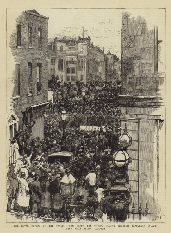 Królewski przegląd wojsk z Egiptu, wojska przechodzące przez Trafalgar Square, widziane z Ogrodów Wiosennych autorstwa William Lionel Wyllie