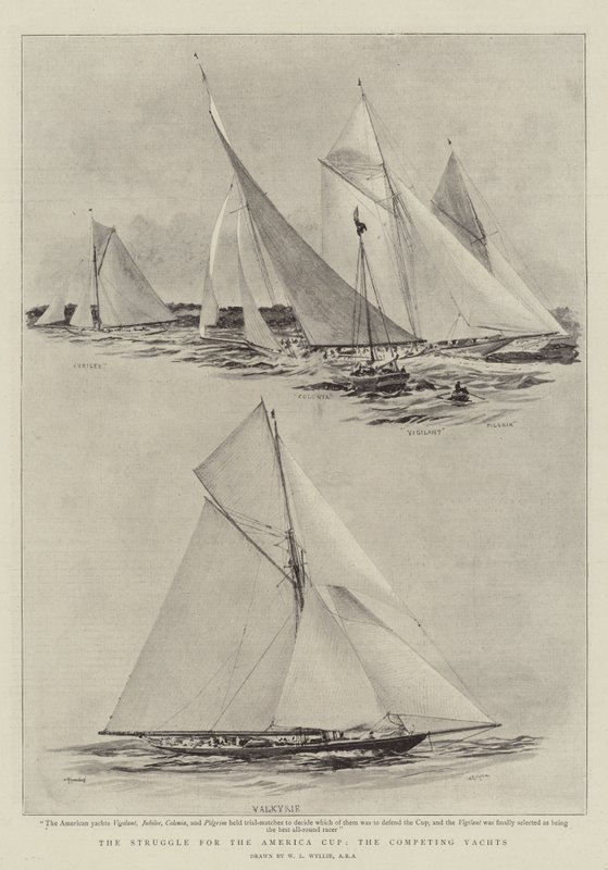 Walka o Puchar Ameryki, rywalizujące jachty autorstwa William Lionel Wyllie
