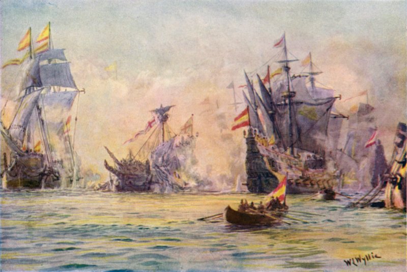Koniec "Dżentelmena-awanturnika", "Zemsty", schwytany przez Hiszpanów, 1591 autorstwa William Lionel Wyllie
