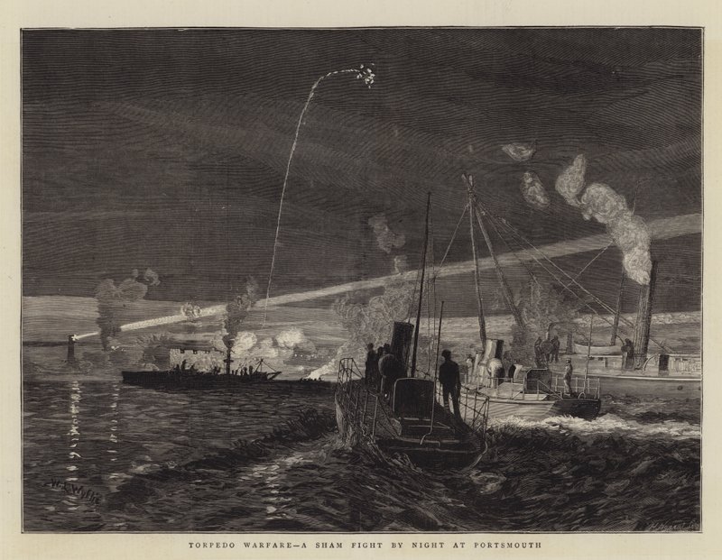 Torpedo Warfare, fikcyjna walka nocą w Portsmouth autorstwa William Lionel Wyllie