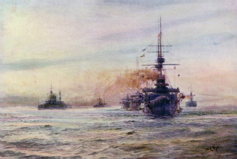 Pancerniki z epoki białej klasy Majestic autorstwa William Lionel Wyllie