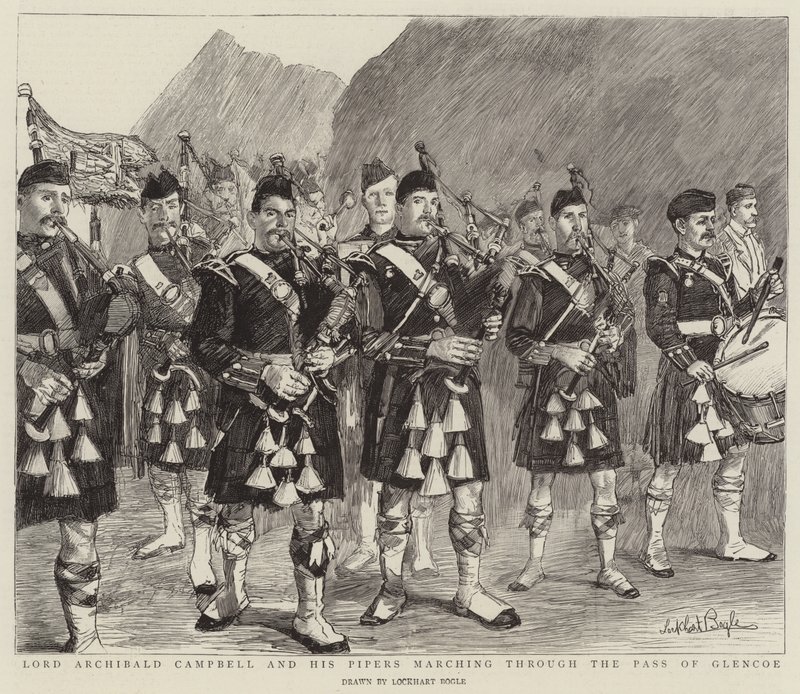 Lord Archibald Campbell i jego dudziarze maszerujący przez przełęcz Glencoe autorstwa William Lockhart Bogle