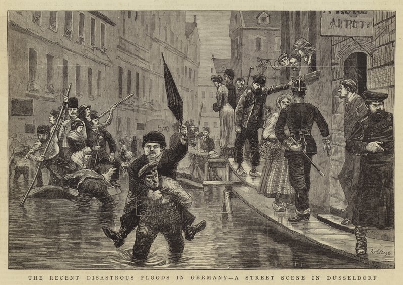 Ostatnie katastrofalne powodzie w Niemczech, scena uliczna w Dusseldorfie autorstwa William Lockhart Bogle