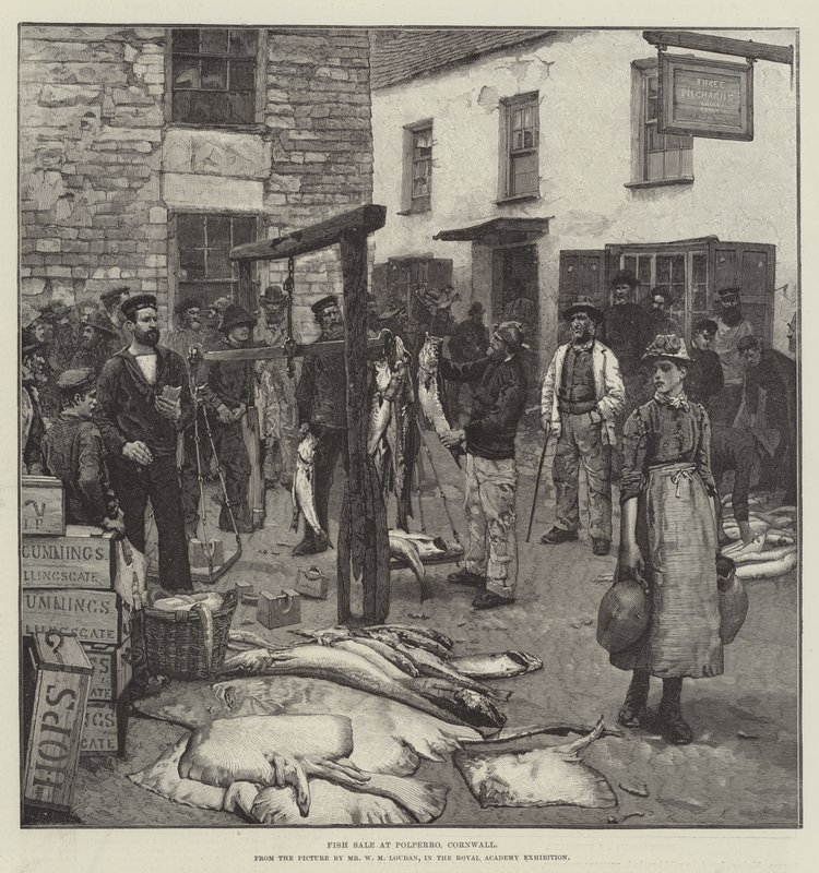 Sprzedaż ryb w Polperro, Kornwalia autorstwa William Mouat Loudan