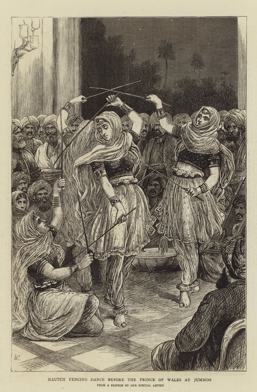Taniec szermierczy Nautch przed Księciem Walii na Jummoo autorstwa William Ralston