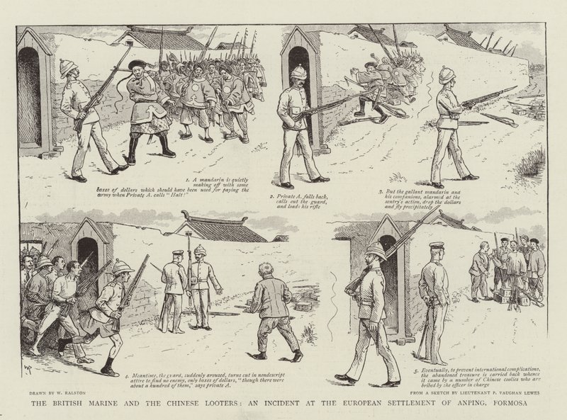 Brytyjska piechota morska i chińscy szabrownicy, incydent w europejskiej osadzie Anping, Formosa autorstwa William Ralston