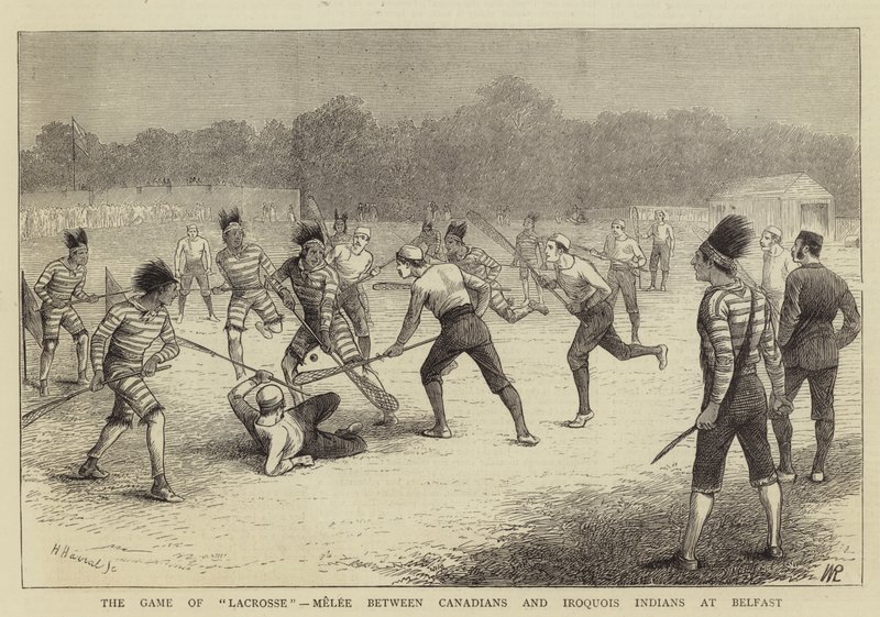 Gra w Lacrosse, starcie pomiędzy Kanadyjczykami i Indianami Irokezami w Belfaście autorstwa William Ralston