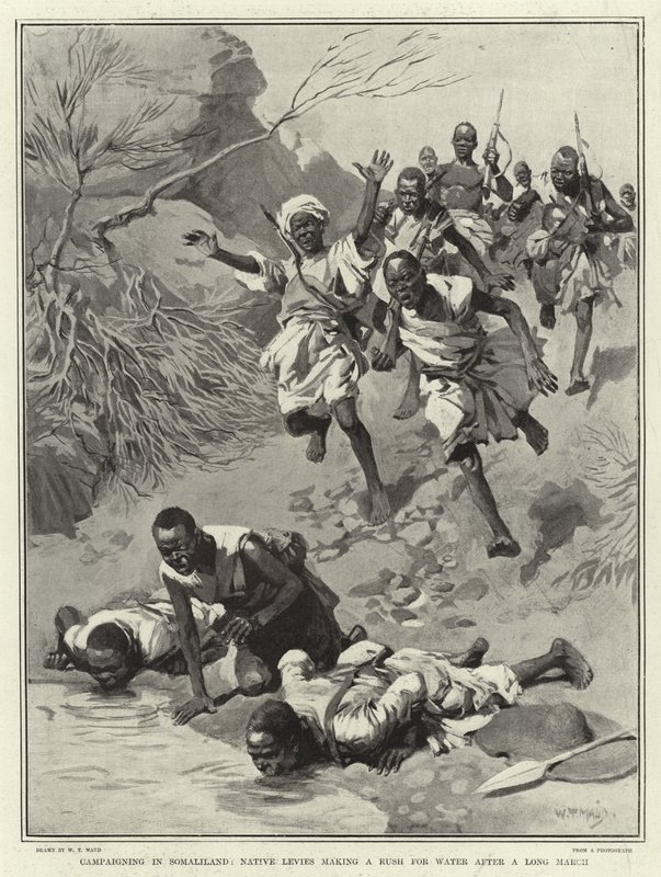 Kampania w Somalilandzie, rdzenni mieszkańcy rzucają się po wodę po długim marszu autorstwa William T. Maud