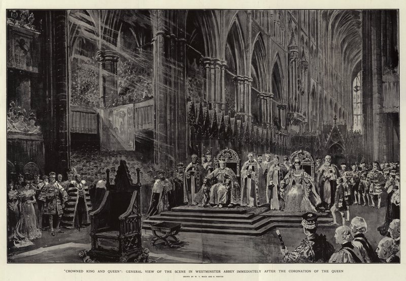Koronowany król i królowa, ogólny widok sceny w opactwie Westminster zaraz po koronacji królowej autorstwa William T. Maud