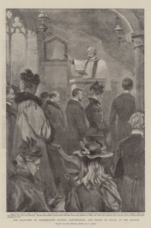 Ponowne otwarcie kościoła Shernbourne, Sandringham, Książę Walii na nabożeństwie autorstwa William T. Maud