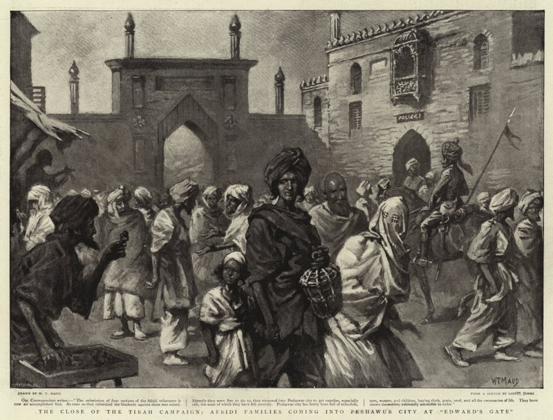 Koniec Kampanii Tirah, Rodziny Afridi wkraczają do Peshawur City przy Bramie Edwarda autorstwa William T. Maud