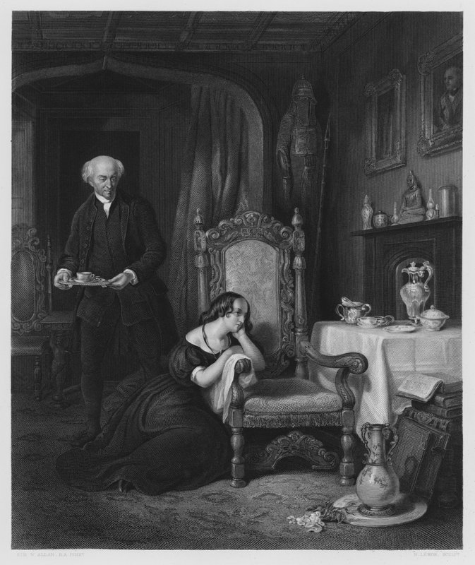 Puste krzesło, Abbotsford, ze zdjęcia w Królewskiej Kolekcji (rycina) autorstwa William (after) Allan