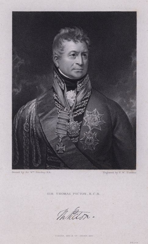 Sir Thomas Picton, walijski generał wojen napoleońskich zginął w bitwie pod Waterloo (rycina) autorstwa William (after) Beechey