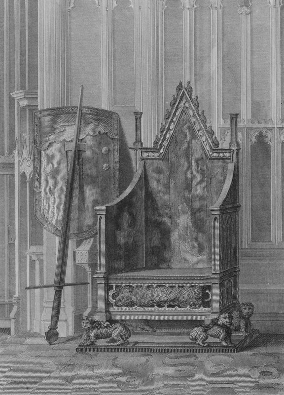 Krzesło koronacyjne angielskich suwerenów, z tarczą i mieczem państwa Edwarda III, Opactwo Westminsterskie (rycina) autorstwa William (after) Capon