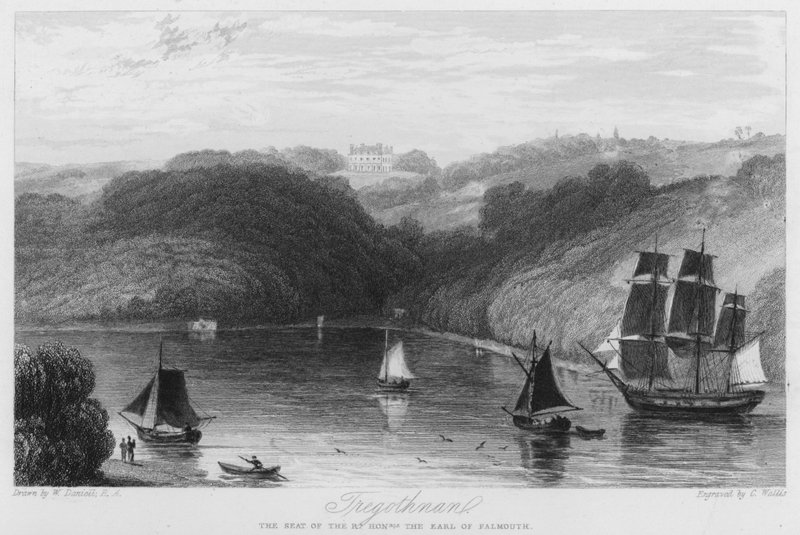 Tregothnan, siedziba hrabiego Falmouth (grafika) autorstwa William (after) Daniell