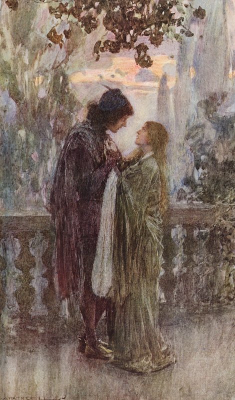 Romeo i Julia Szekspira: Akt III, Scena V (kolorowa litografia) autorstwa William (after) Hatherell
