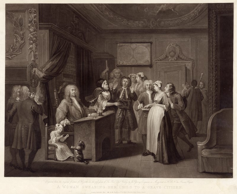 Kobieta przysięgająca swoje dziecko obywatelowi grobu (mezzotinta) autorstwa William (after) Hogarth