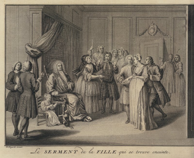 Kobieta przysięgająca dziecko obywatelowi grobu (rycina) autorstwa William (after) Hogarth