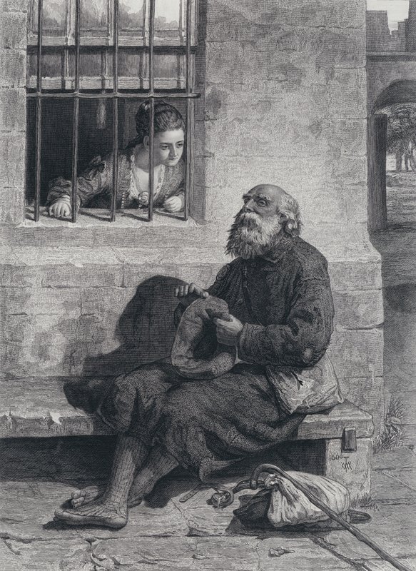 Wywiad między panną Wardour i Edie Ochiltree przy zakratowanym oknie salonu z flagą (grawerowanie) autorstwa William (after) McTaggart