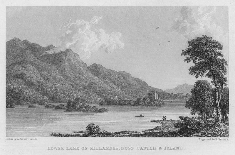 Dolne jezioro Killarney, zamek Ross i wyspa (grawerowanie) autorstwa William (after) Westall
