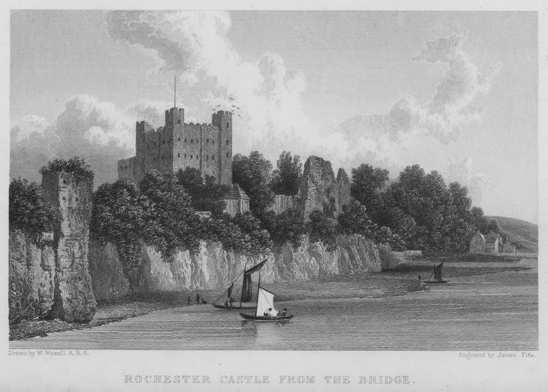 Zamek Rochester, od mostu (rycina) autorstwa William (after) Westall