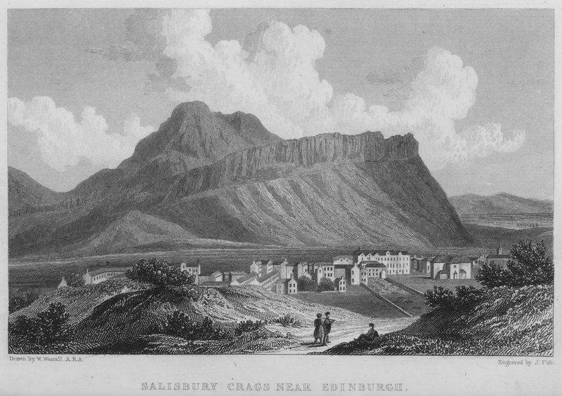 Salisbury Crags w pobliżu Edynburga (grawerowanie) autorstwa William (after) Westall