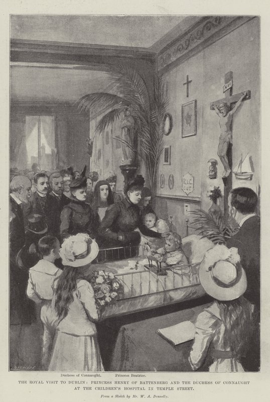 Królewska wizyta w Dublinie, księżniczka Henryka z Battenberg i księżna Connaught w szpitalu dziecięcym przy Temple Street litho autorstwa William A. Donnelly