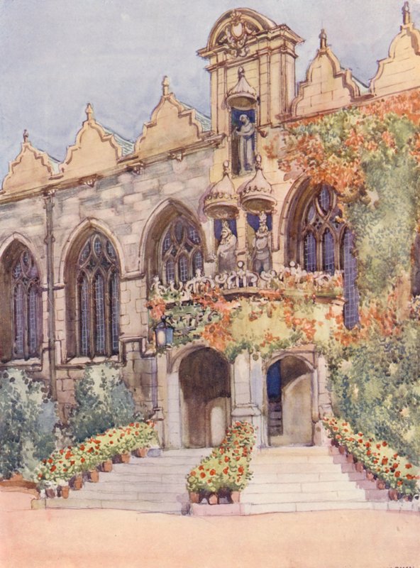 Wejście do Oriel College Hall, przedstawiające posągi Dziewicy z Dzieciątkiem, Edwarda II, nominalnego założyciela uczelni, i Karola I, za którego panowania zbudowano salę (kolorowa litografia) autorstwa William Ainsworth Wildman