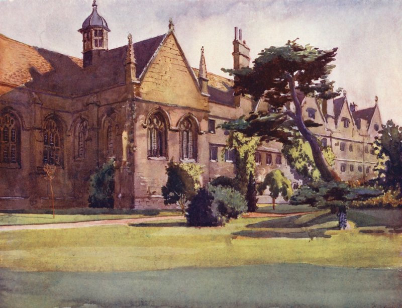 Front ogrodu Wadham College (litografia kolorowa) autorstwa William Ainsworth Wildman