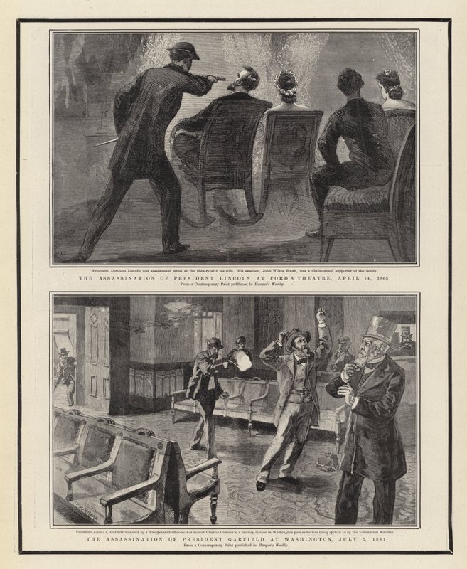 Zabójstwo prezydenta Lincolna w teatrze Forda, 14 kwietnia 1865, zabójstwo prezydenta Garfielda w Waszyngtonie, 2 lipca 1881 autorstwa William Allen Rogers