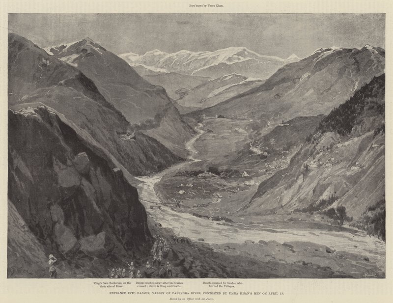 Wejście do Bajaur, doliny rzeki Panjkora, zakwestionowane przez ludzi Umry Khana w dniu 13 kwietnia autorstwa William Barnes Wollen
