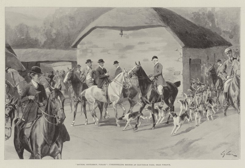 Ogary, Panowie, proszę, rozbijajcie psy w Cloutsham Farm, niedaleko Porlock autorstwa William Barnes Wollen