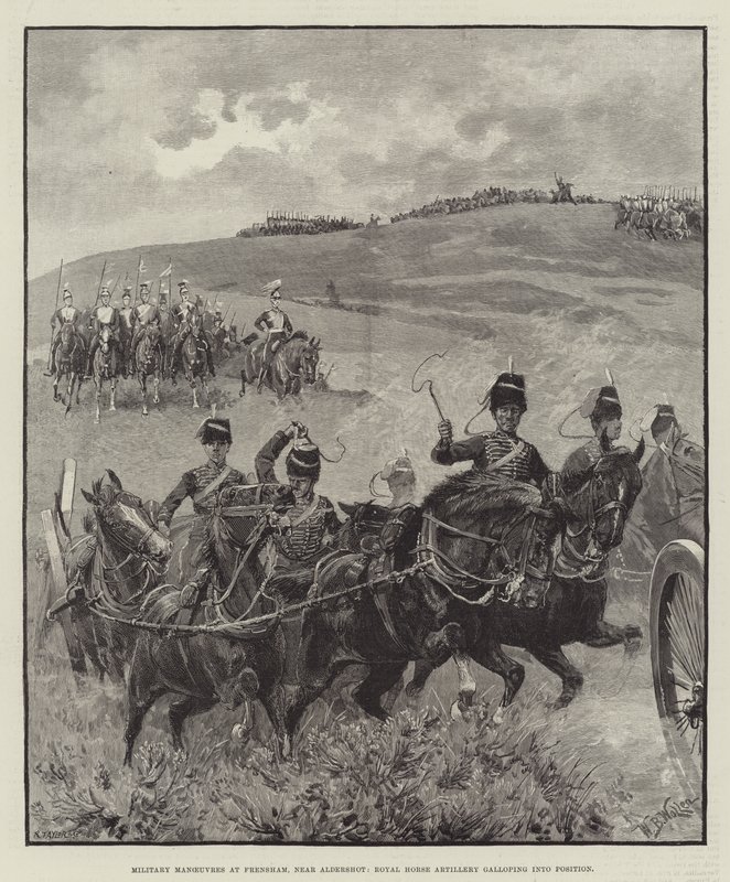 Manewry wojskowe we Frensham, niedaleko Aldershot, Royal Horse Artillery galopuje na pozycję autorstwa William Barnes Wollen