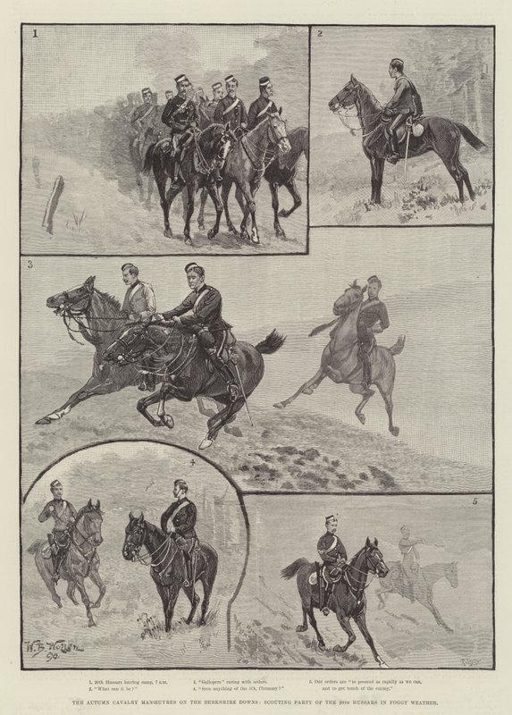 Jesienne manewry kawalerii na Berkshire Downs, harcerstwo 20 Hussars w mglistej pogodzie autorstwa William Barnes Wollen