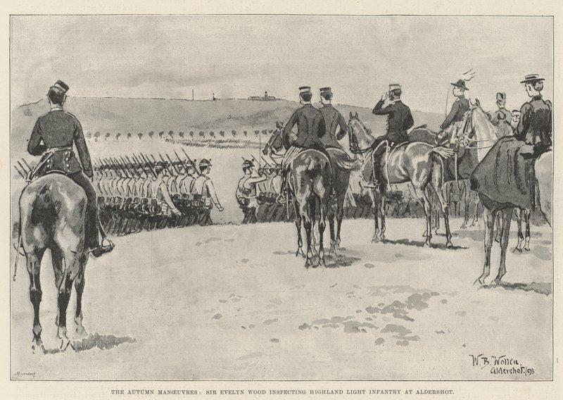 Manewry jesienne, Sir Evelyn Wood przeprowadza inspekcję Highland Light Infantry w Aldershot. autorstwa William Barnes Wollen