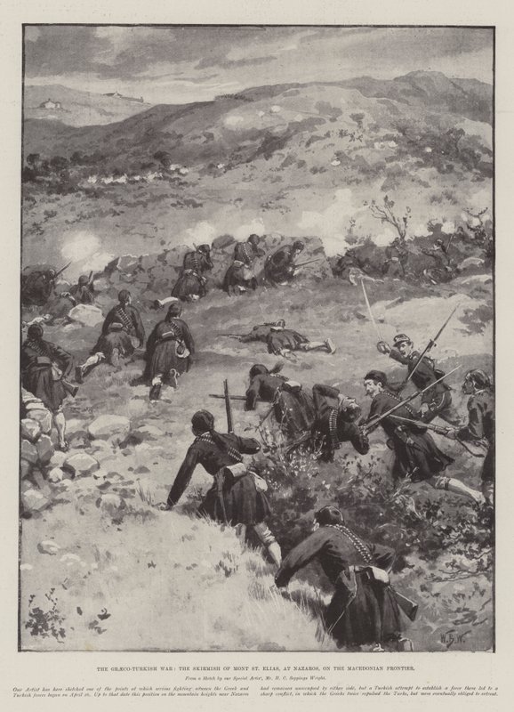 Wojna grecko-turecka, potyczka pod Mont St Elias pod Nazaros, na granicy macedońskiej autorstwa William Barnes Wollen