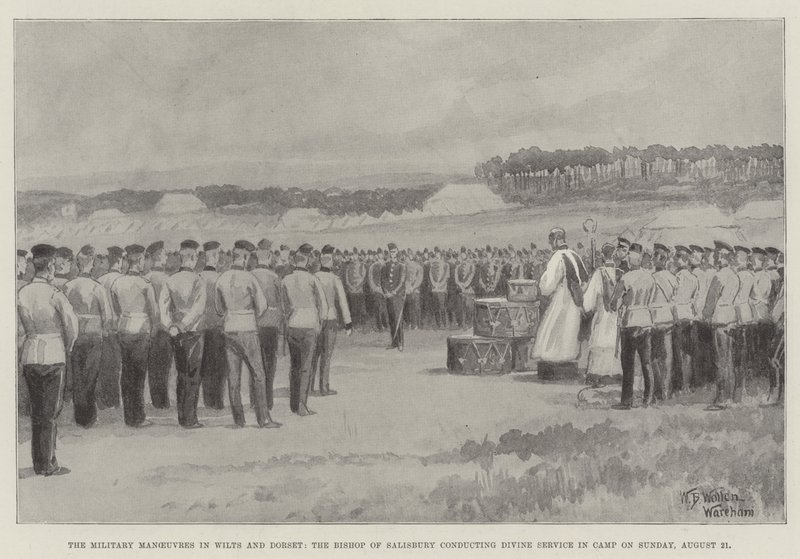 Manewry wojskowe w Wilts i Dorset, biskup Salisbury odprawiający nabożeństwo w obozie w niedzielę 21 sierpnia autorstwa William Barnes Wollen