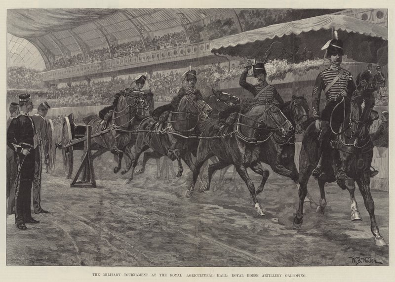 Turniej Wojskowy w Królewskiej Hali Rolniczej, galop Królewskiej Artylerii Konnej autorstwa William Barnes Wollen