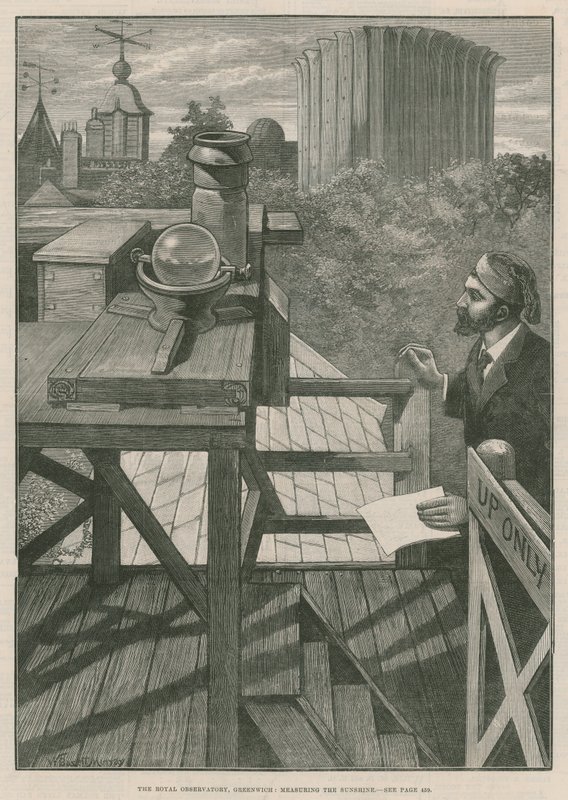 Królewskie Obserwatorium w Greenwich; Pomiar nasłonecznienia (grawerowanie) autorstwa William Bazett Murray