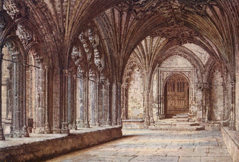Drzwi z krużganków do Męczeństwa, katedra w Canterbury (kolorowa litografia) autorstwa William Biscombe Gardner