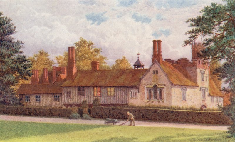 Ightham Mote z tarasu (kolorowa litografia) autorstwa William Biscombe Gardner