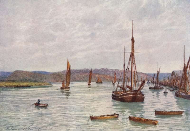 Spojrzenie w dół rzeki Medway z molo w Chatham (kolorowa litografia) autorstwa William Biscombe Gardner