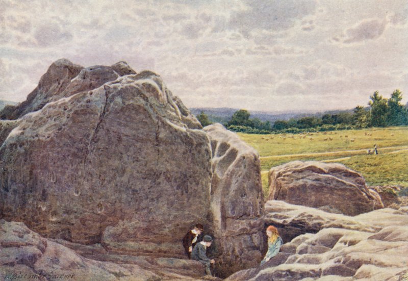 Spojrzenie w kierunku Happy Valley z Rocks on the Common, Tunbridge Wells (kolorowa litografia) autorstwa William Biscombe Gardner