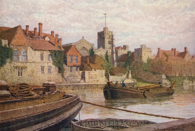 Maidstone, tył starożytnego pałacu, kościół i Old College zza rzeki Medway (kolorowa litografia) autorstwa William Biscombe Gardner