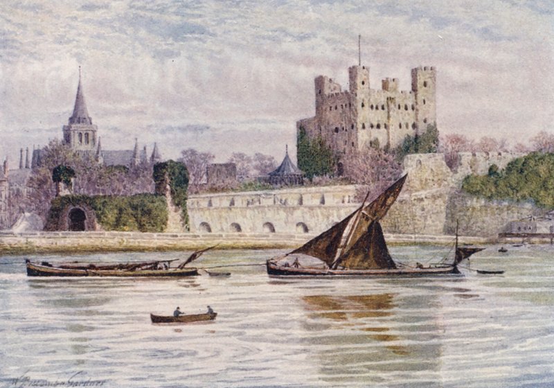 Zamek i katedra w Rochester zza rzeki Medway (kolorowa litografia) autorstwa William Biscombe Gardner