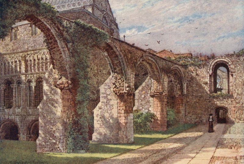 Ruiny infirmerii, katedra w Canterbury (kolorowa litografia) autorstwa William Biscombe Gardner