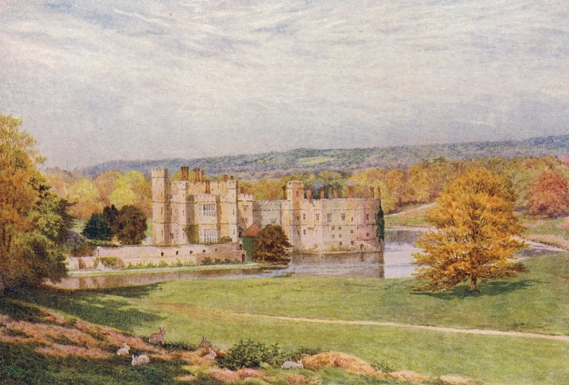 Wiosna, zamek Lecds z SE (kolorowa litografia) autorstwa William Biscombe Gardner