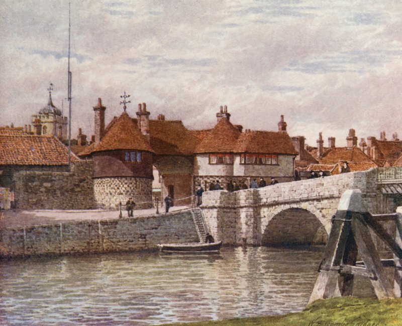 The Barbican, Sandwich (kolorowa litografia) autorstwa William Biscombe Gardner